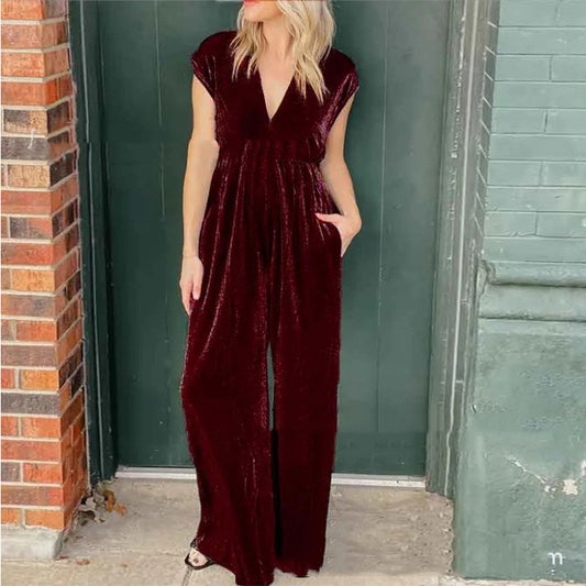 V-neck Short-sleeved High Waist Long Jumpsuit