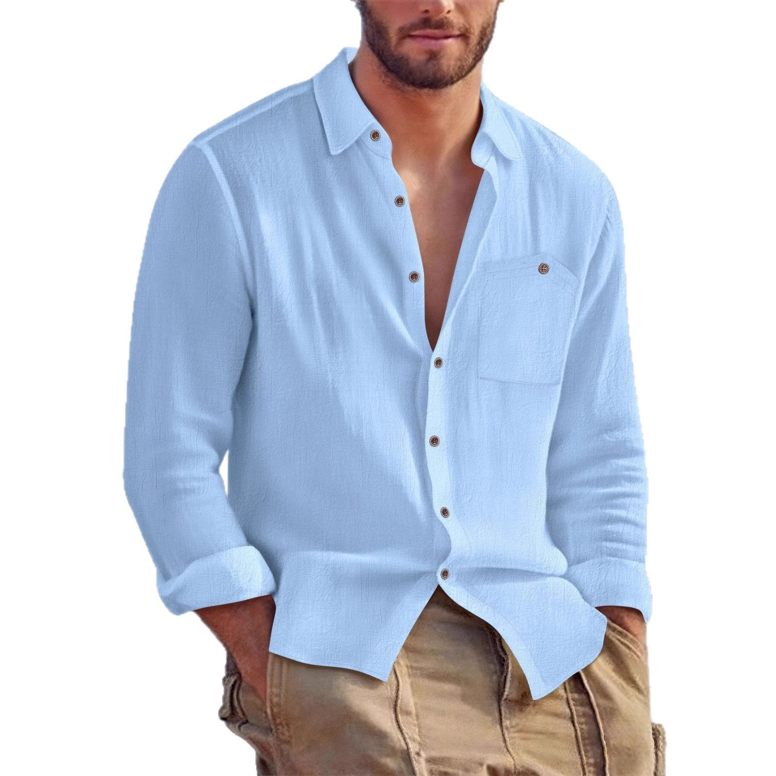Mens Linen Loose-fit Solid-color Lapel Cardigan Shirt