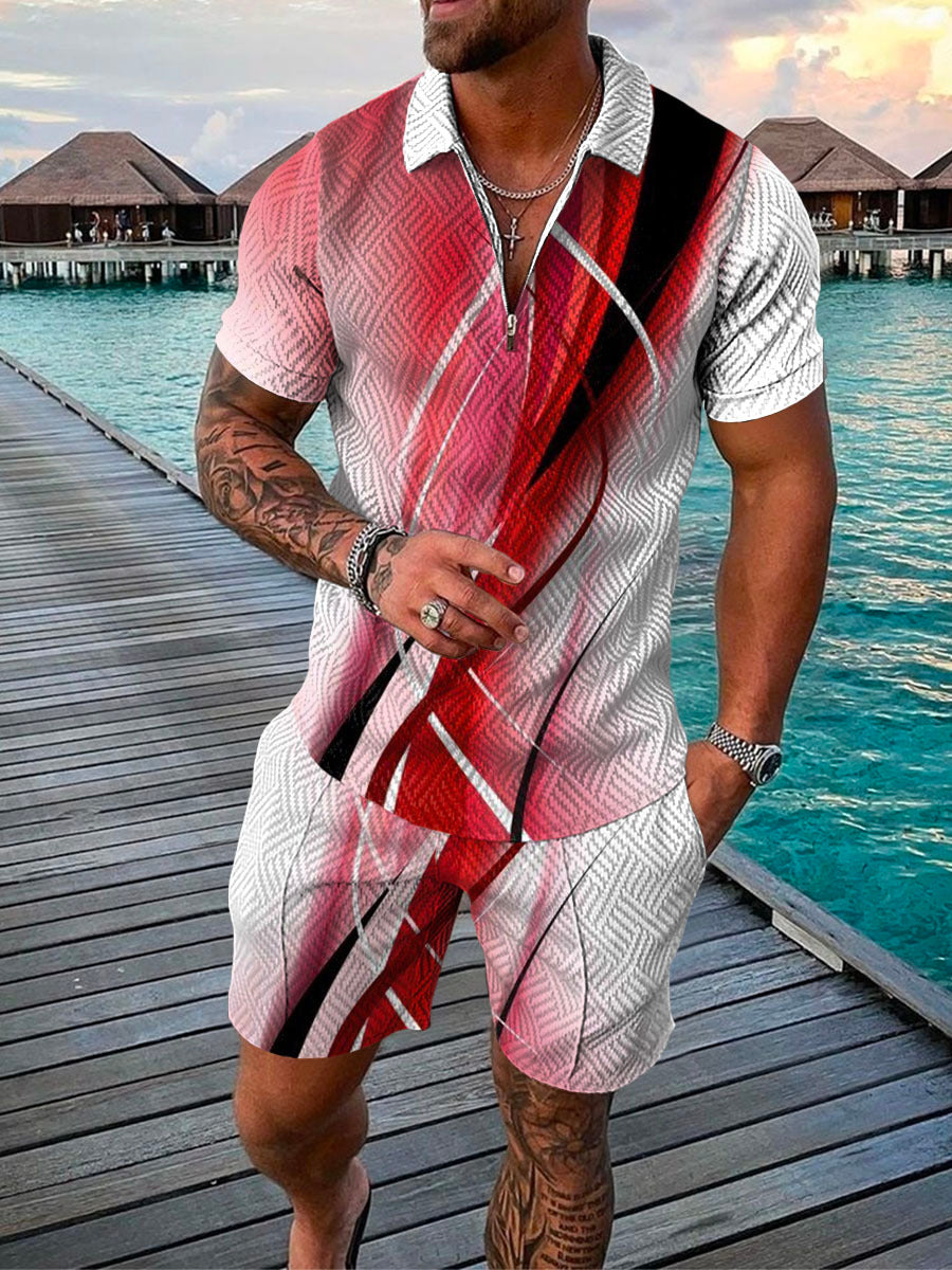 Men's Summer Fashion 3D Printed Short Sleeve Geometric Zip Lapel Shirt Set