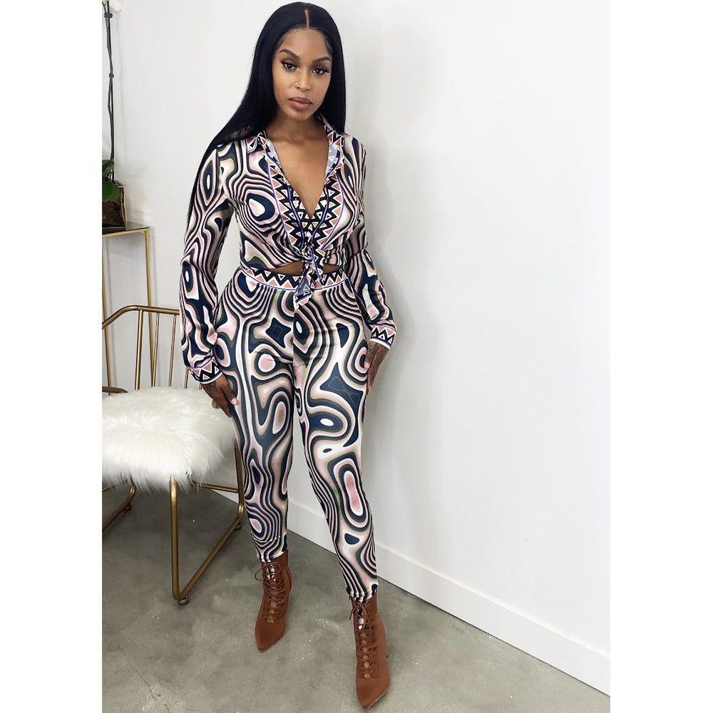 Women  Print Long Sleeve Tight Casual Suit