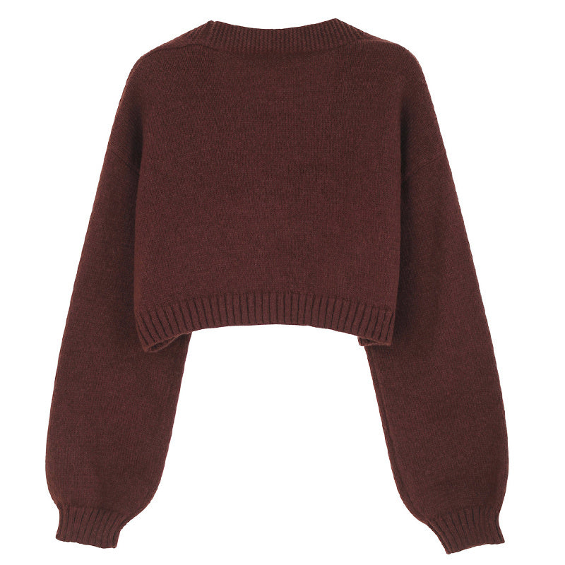 Gingerbread Man Knit Cardigan - Women's Solid V-Neck Ribbed Cuffed Short Sweater, Casual Spring Autumn Polyester Top