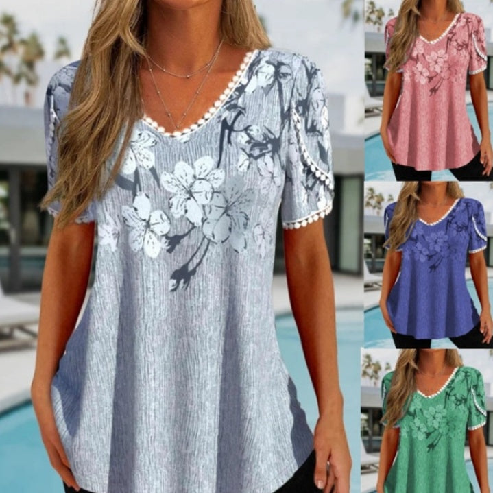 Loose Ruffled V-neck Short-sleeved Printed Top Casual Shirt