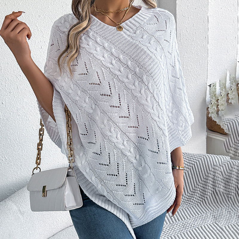Women's Solid Color V-Neck Cape Sweater Batwing Sleeve Open-Knit Cardigan With Asymmetrical Hem