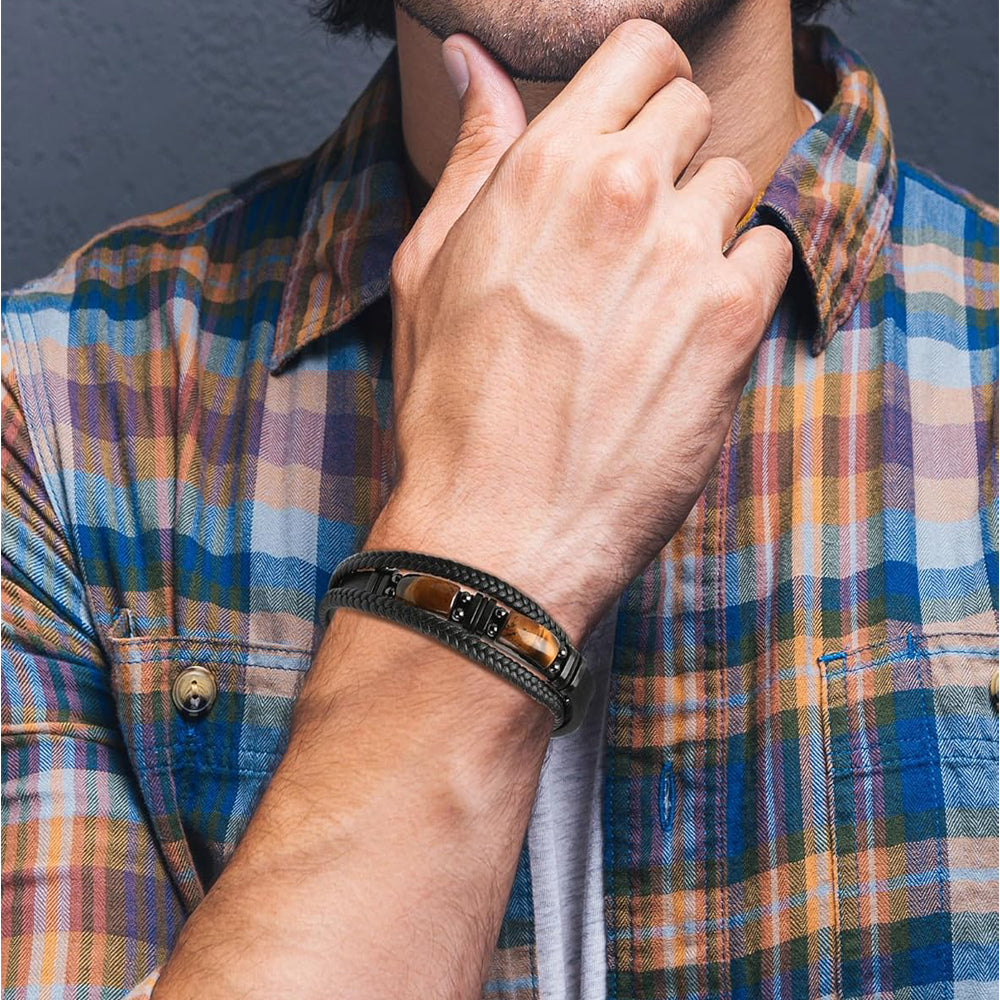 Tiger Eye Braided Leather Bracelet - Courage Stone Gift for Him/Her