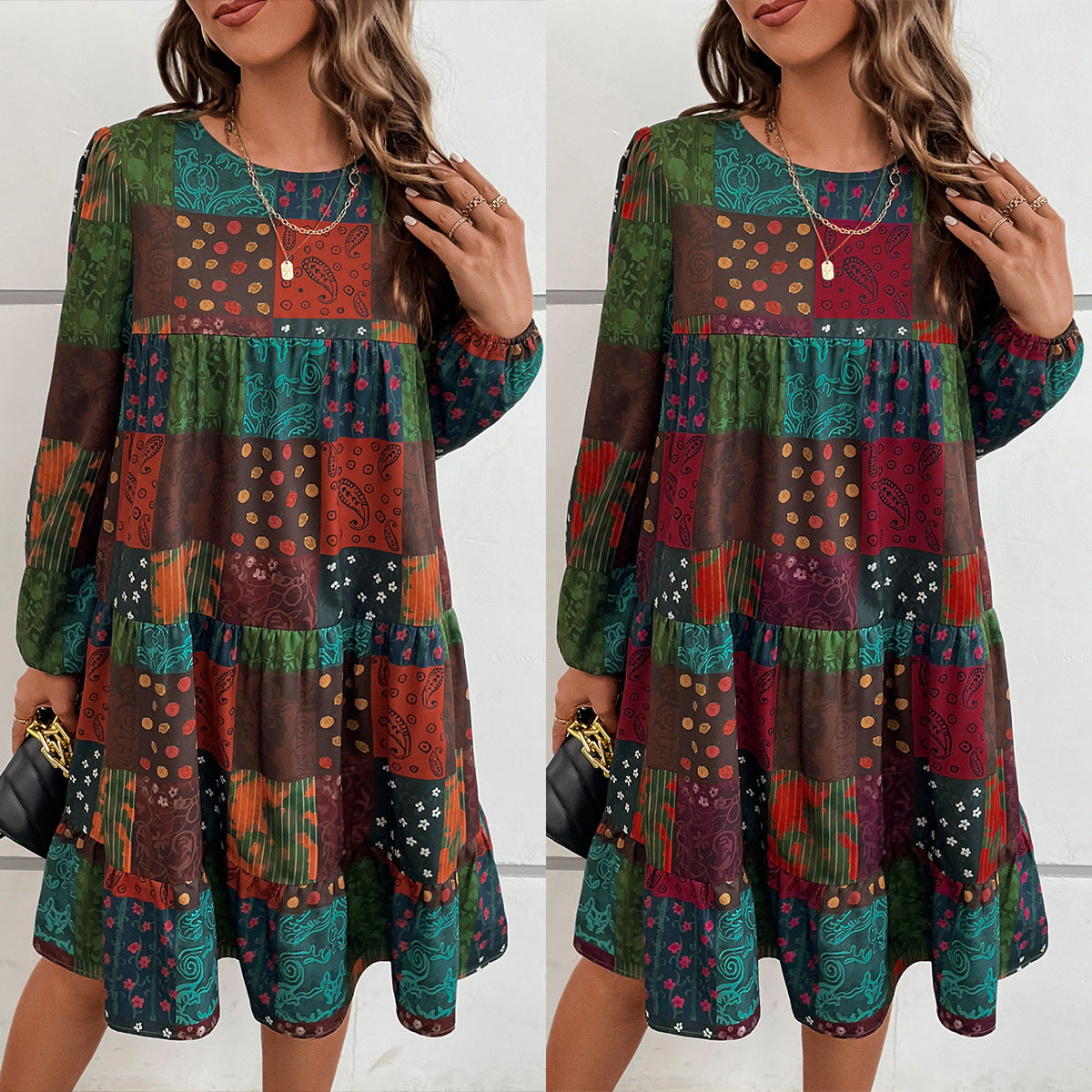 Round Neck Fashion Casual Long Sleeve A- Line Printed Dress