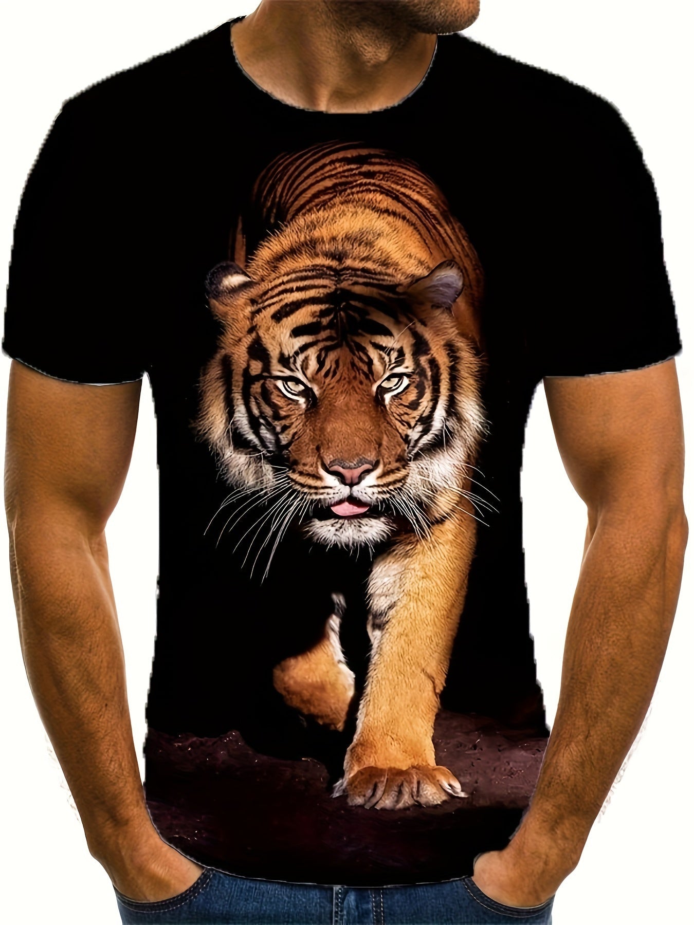 3D Tiger Printed Men's Fashionable Short Sleeved Round Neck T-shirt, Summer Outdoor