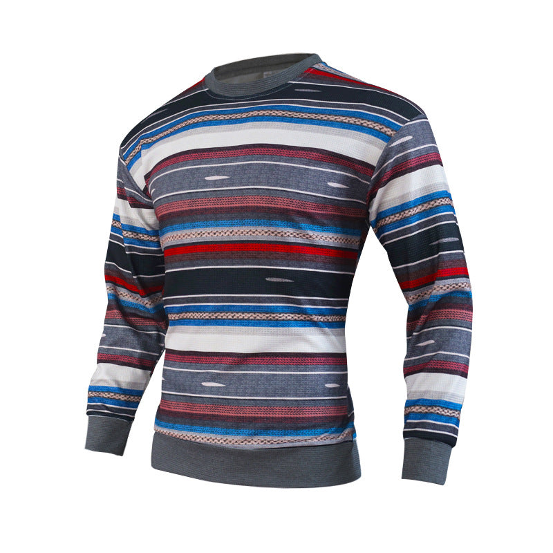 Men's Loose Round Neck Waffle Color Stripe Versatile Casual Bottomed Sweater