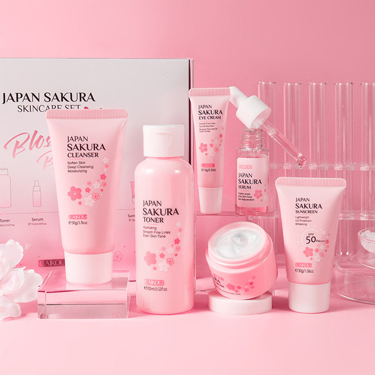 Japan Sakura Women's Travel Skin Care Set - Cleanser, Toner, Lotion, Serum, Eye Cream, Face Cream (TSA-friendly, 6pcs)