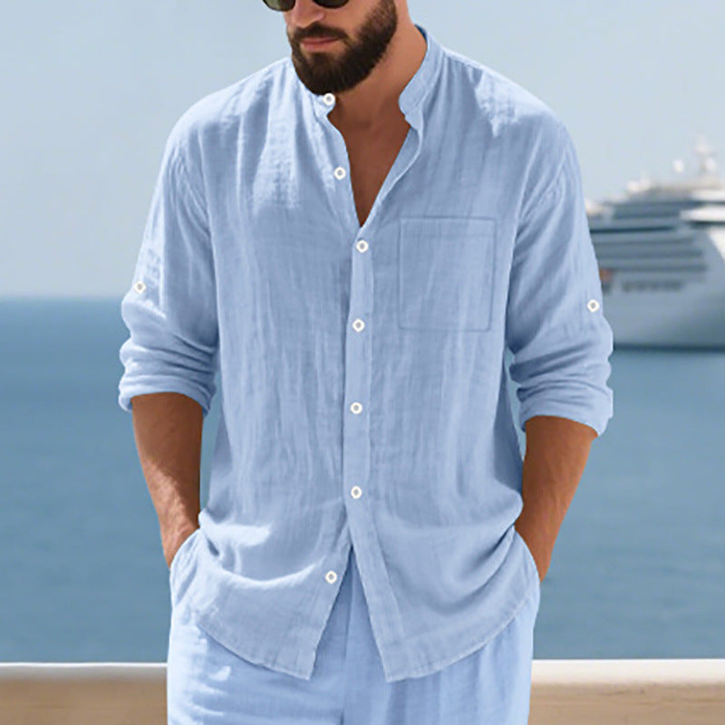 Breathable Linen Mens Button-Up Stand-Collar Long-Sleeve Shirt