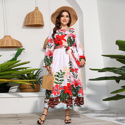 Long Sleeve Flower Wide Hem Printed Dress