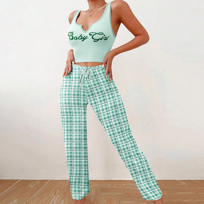 Homewear Vest Color Matching Plaid Trousers Letter Print Top Pajamas For Women