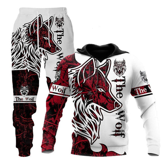 Wolf Print Hooded Tracksuit - Men's Outdoor Fitness Set