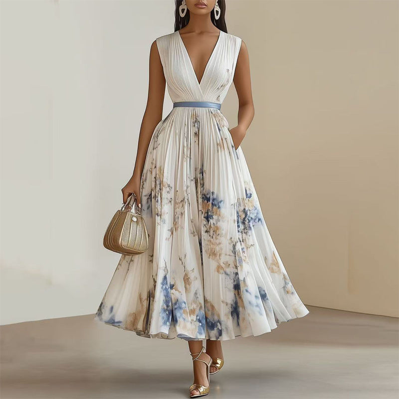 Women's Deep V-Neck Floral Print Sleeveless Maxi Dress With Pockets - Flowy Ruffle Hem Summer Beach Dress