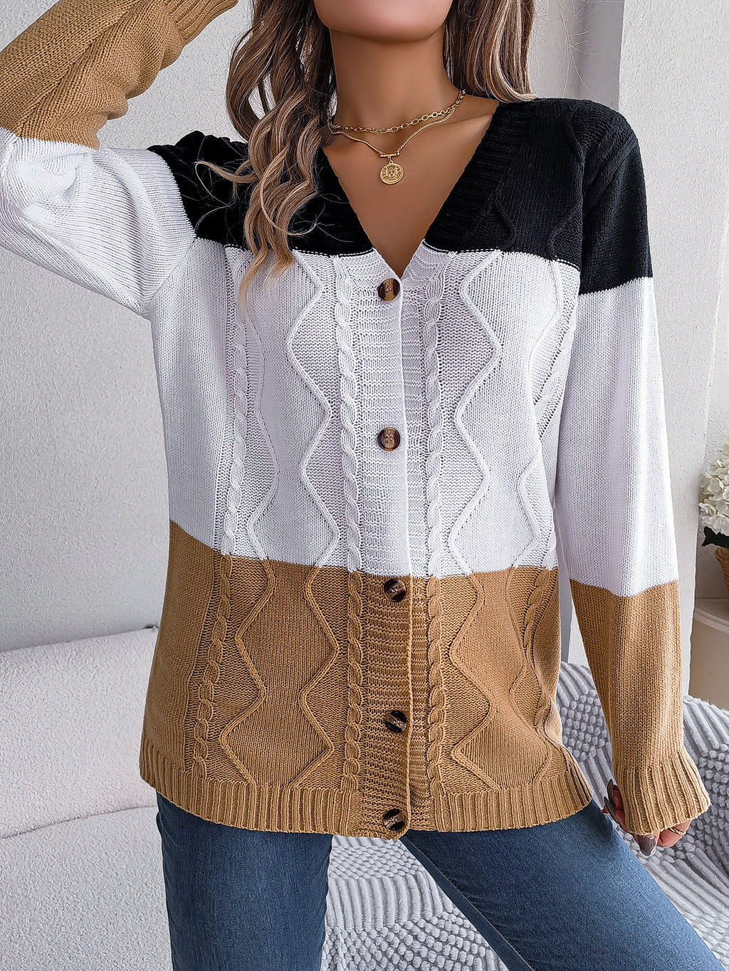 Casual Contrast Color Button Long Sleeve Sweater
