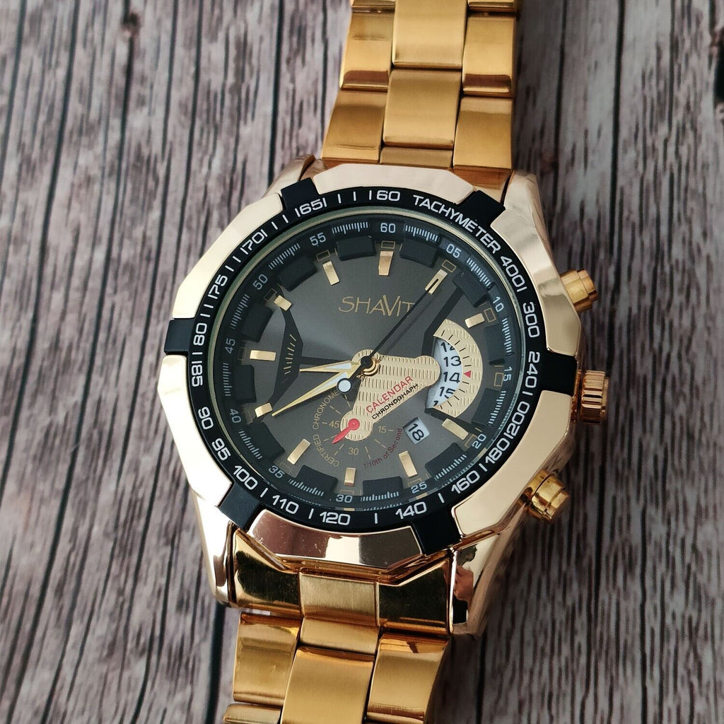 Montre-bracelet de cadeau de luxe à quartz en acier inoxydable classique pour hommes en or pour hommes