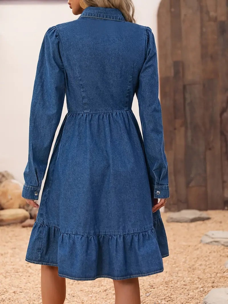 Women Lapel Long Sleeve Stitching Casual Dress