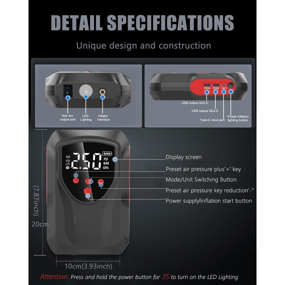 Car Battery Starter With Air Compressor, 3000A 150PSI Portable Car Battery Starter12V Battery Charger Booster Box Car With LCD Display, LED Light, USB QC3.0