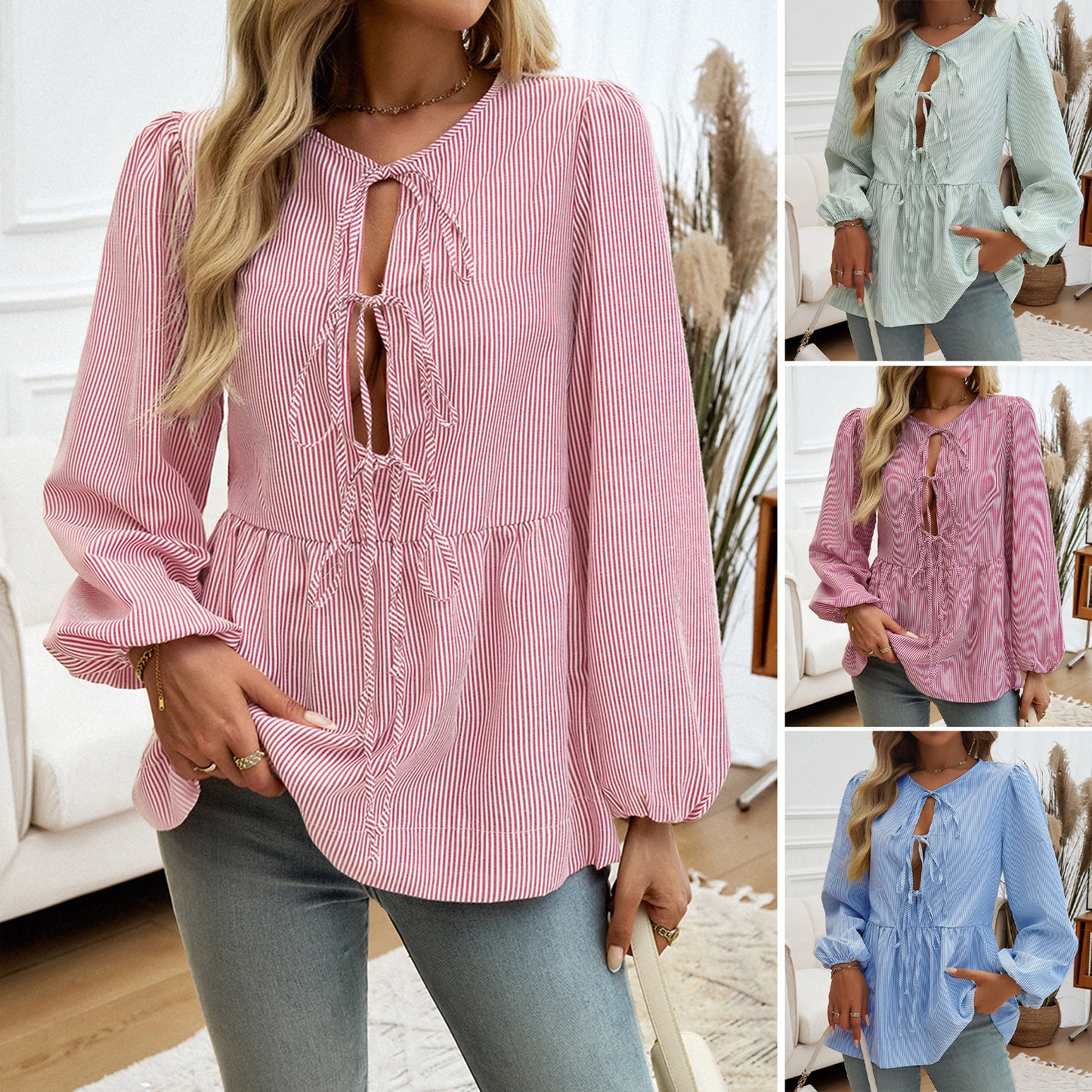 Women's Casual Loose Striped Lace-up Shirt