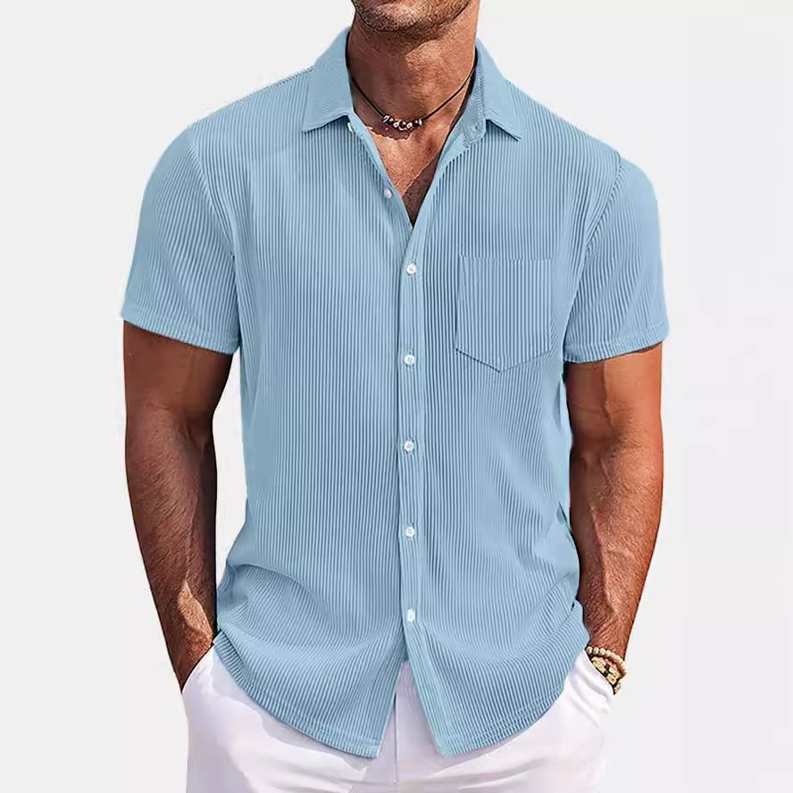 Solid Color Loose Vertical Striped Men's Short-sleeved Shirt