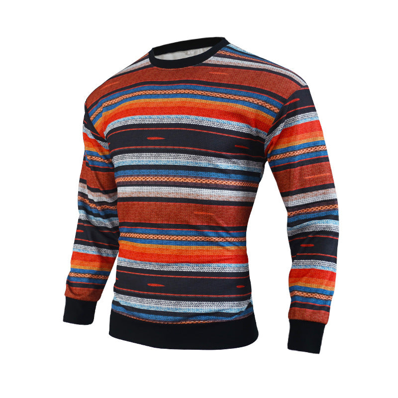 Men's Loose Round Neck Waffle Color Stripe Versatile Casual Bottomed Sweater