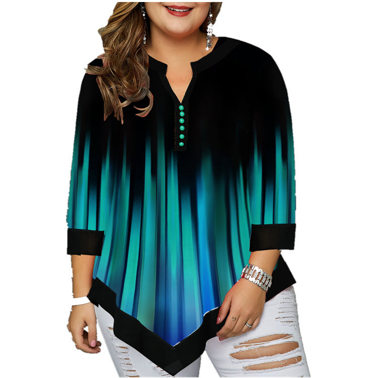 Camiseta holgada irregular con cuello en V y estampado de posicionamiento de moda para mujer