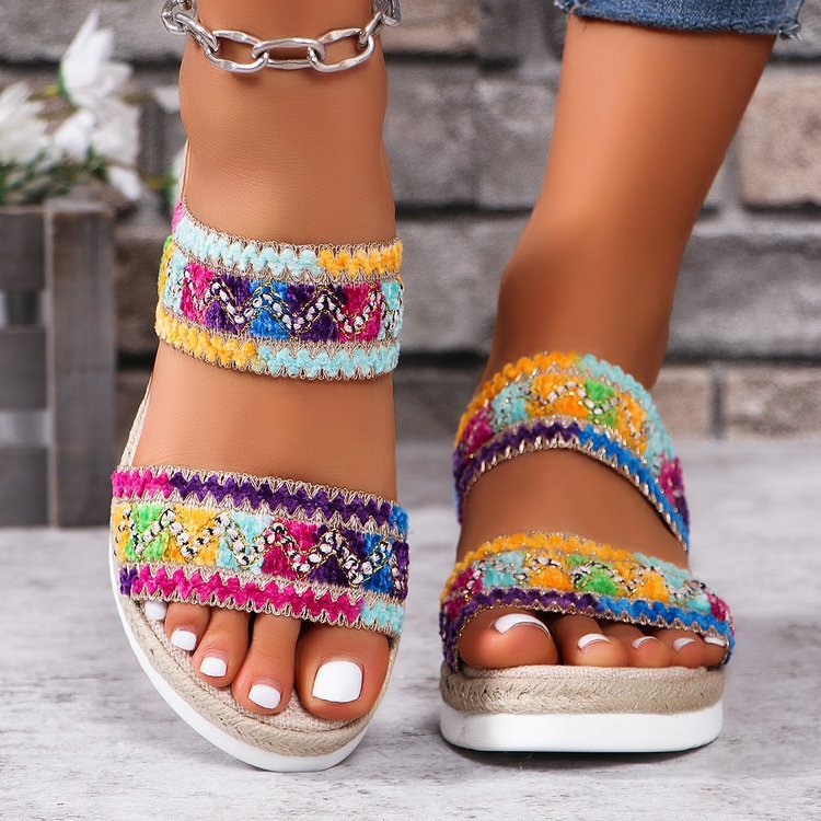 Ethnic Style Woven Wavy Sandals - Women's Summer Linen Wedges