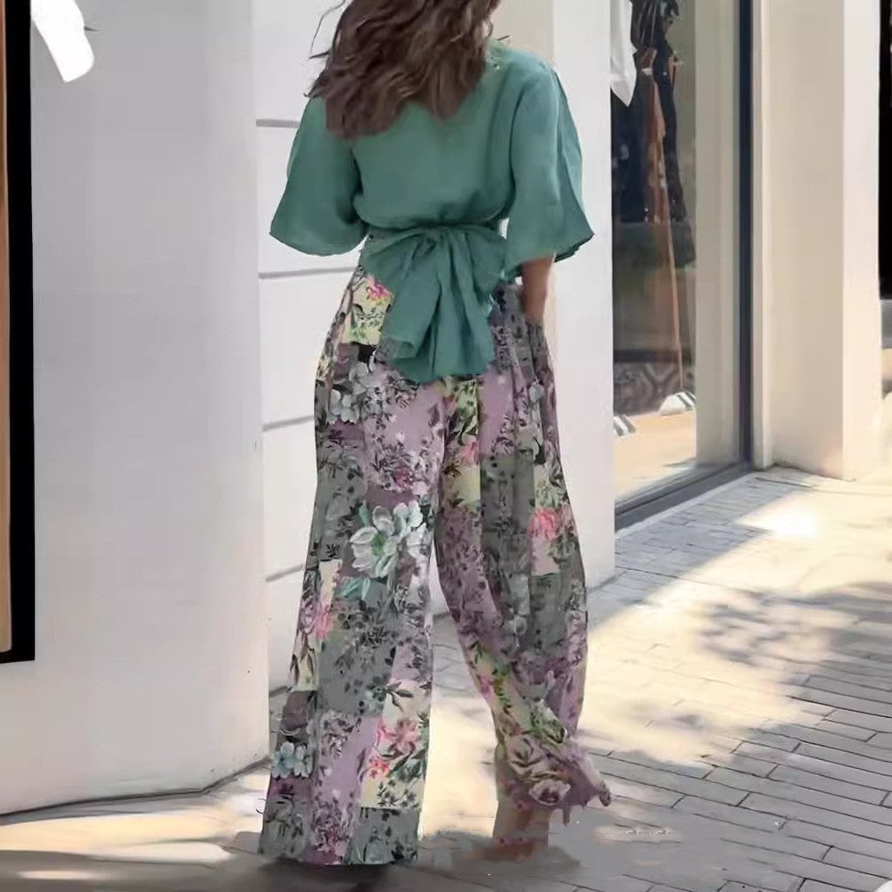 Short Button Top Suit Full-body Floral Wide-leg Trousers