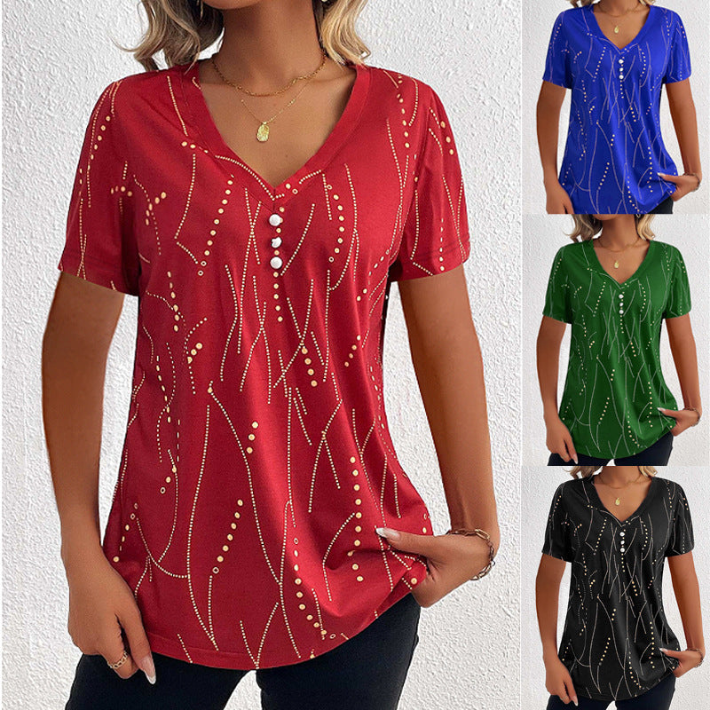 Women V-neck Printed Button Summer Fashion Leisure Short-sleeved T-shirt