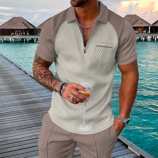 Men's Summer Fashion 3D Printed Short Sleeve Geometric Zip Lapel Shirt Set