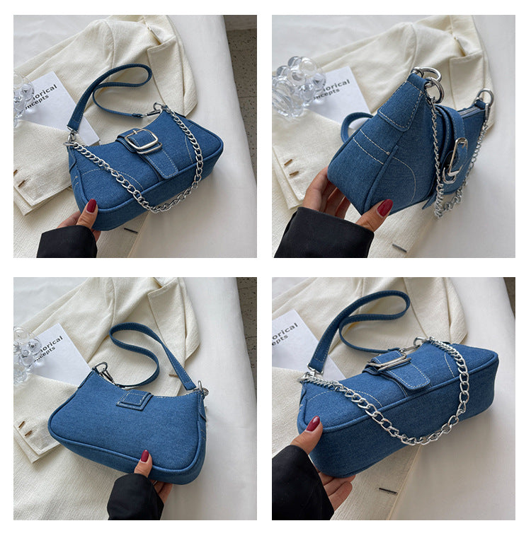 "Chic Denim Crossbody Armpit Bag with Fashionable Chains