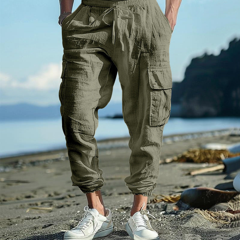 Men's Casual Trousers Ankle-tied Multi-pocket Tether Solid Color Loose