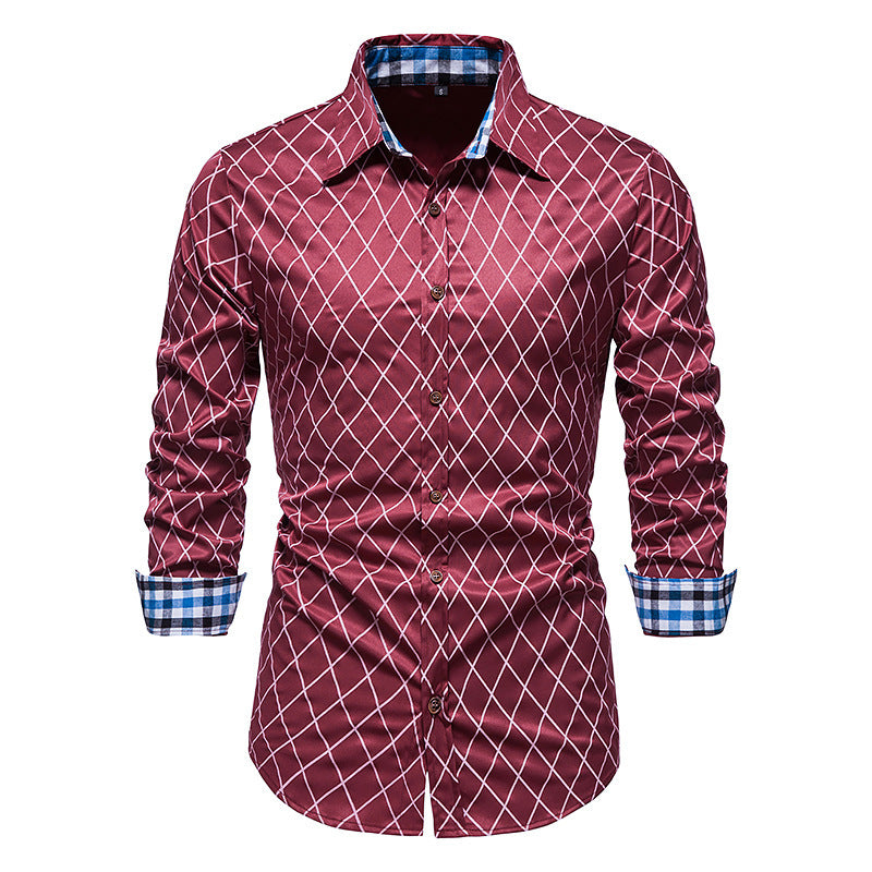 New Fashion Contrast Color Men's Long-sleeved Diamond Check Button Shirt