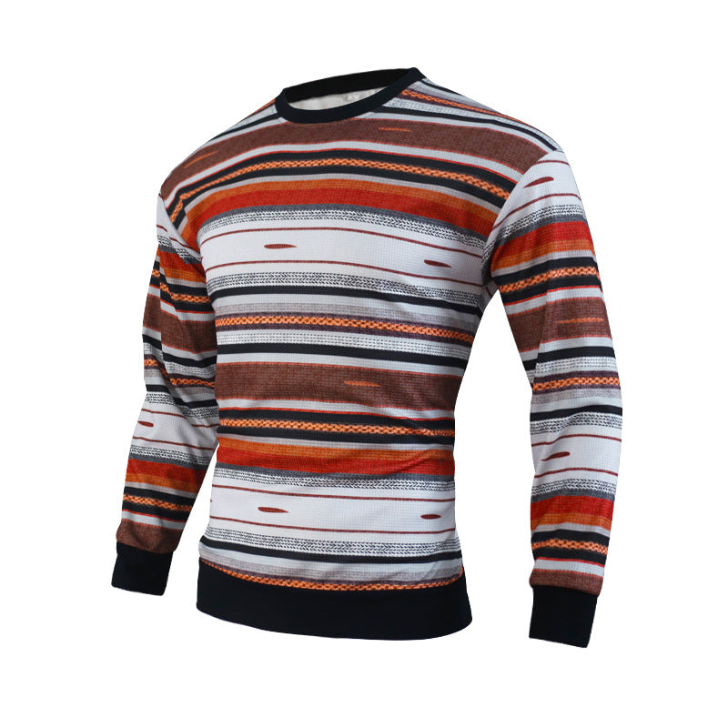 Men's Loose Round Neck Waffle Color Stripe Versatile Casual Bottomed Sweater