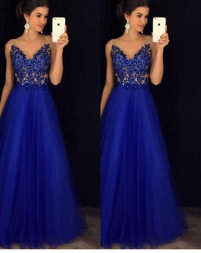 Backless Beaded Ball Elegant Long Blue Chiffon Dress