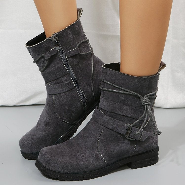 Fashionable Round Toe Buckle Boots with Square Heel