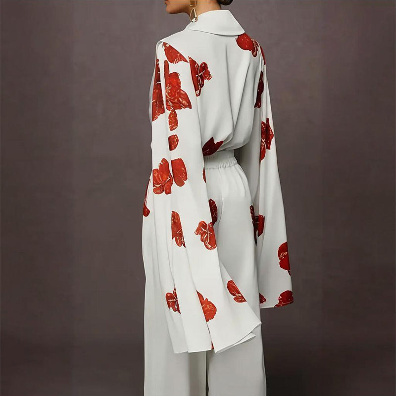 Women's Floral Print Mock Neck Long Sleeve Top & Wide Leg Pants Set With Pockets