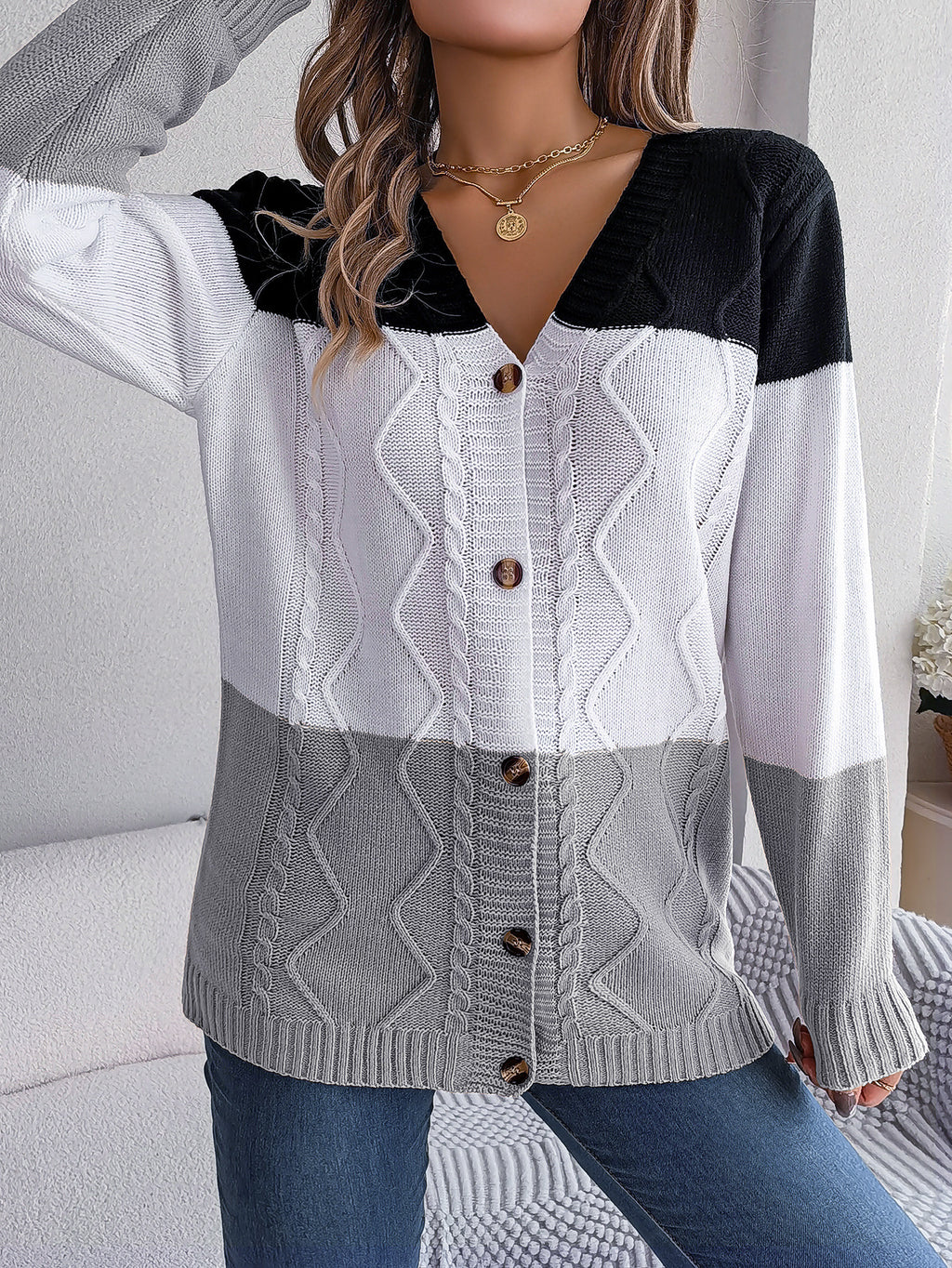 Casual Contrast Color Button Long Sleeve Sweater