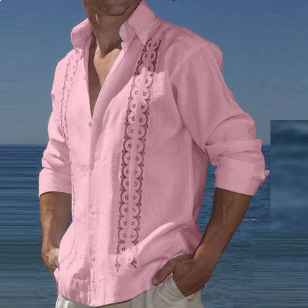 Fashion Print Long Sleeve Shirt Men Casual Loose Button Lapel Tops Seaside Cool Beach Shirt