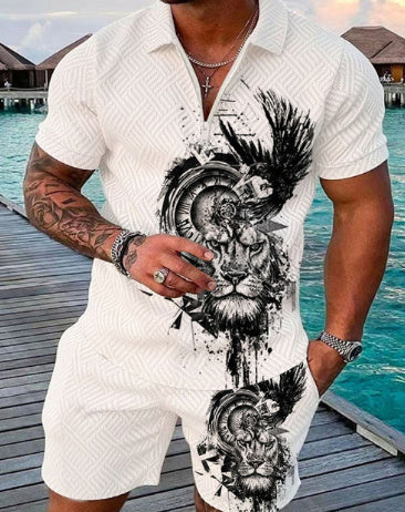 Men's Summer Fashion 3D Printed Short Sleeve Geometric Zip Lapel Shirt Set