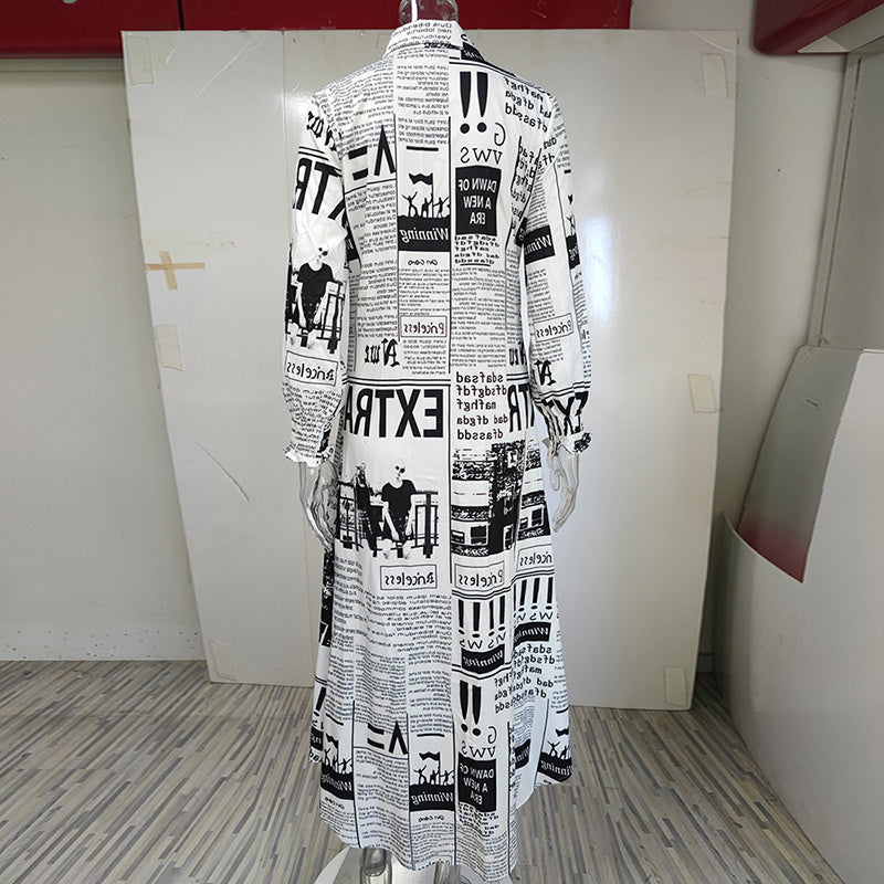 Women's Long Sleeve Newspaper Print Shirt Dress Button Down Casual Long Dress