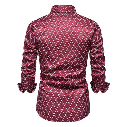 New Fashion Contrast Color Men's Long-sleeved Diamond Check Button Shirt