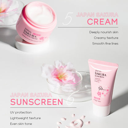 Japan Sakura Women's Travel Skin Care Set - Cleanser, Toner, Lotion, Serum, Eye Cream, Face Cream (TSA-friendly, 6pcs)