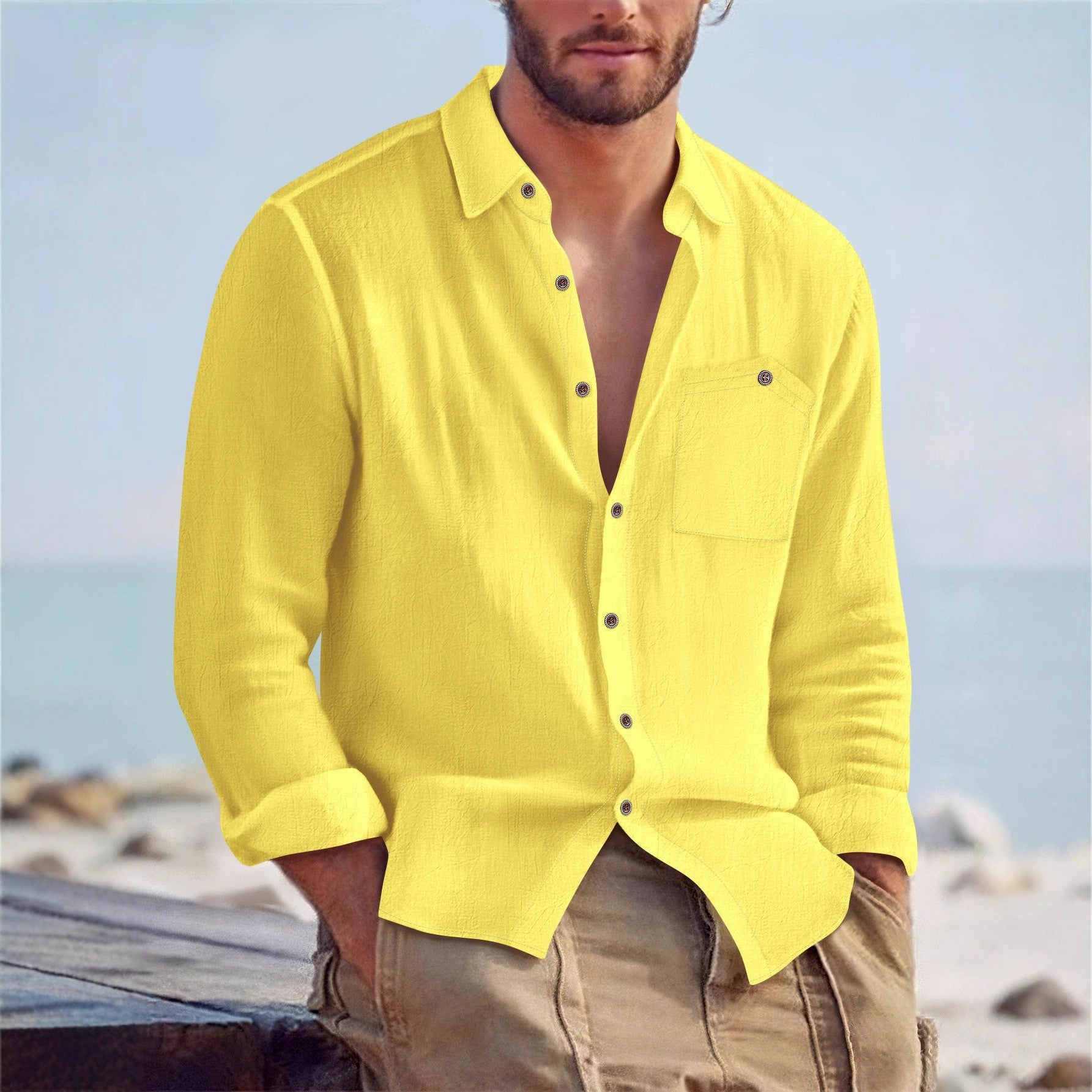 Mens Linen Loose-fit Solid-color Lapel Cardigan Shirt