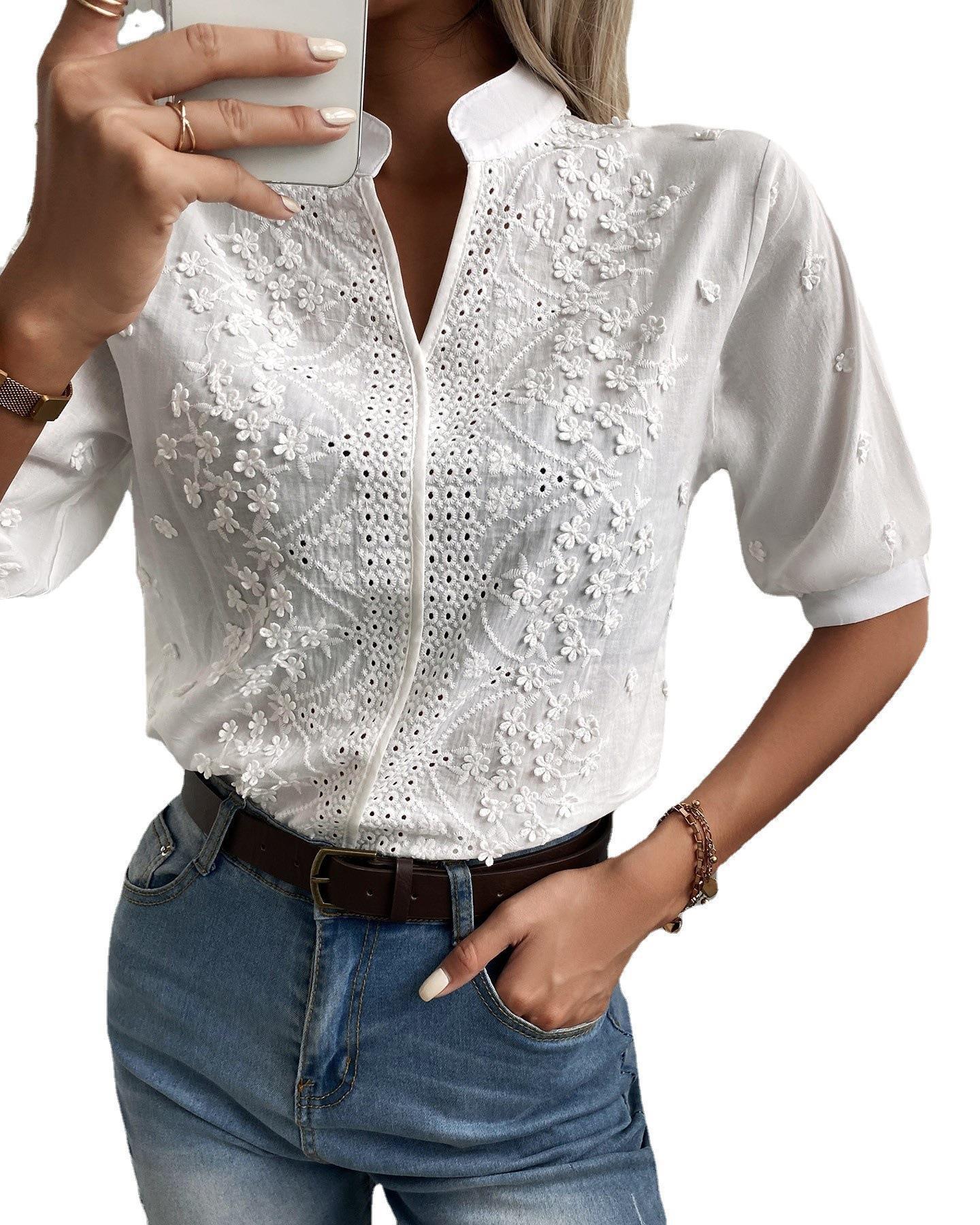 Women's Fashion V-neck Stand Collar Embroidery Lace Blouse Shirt
