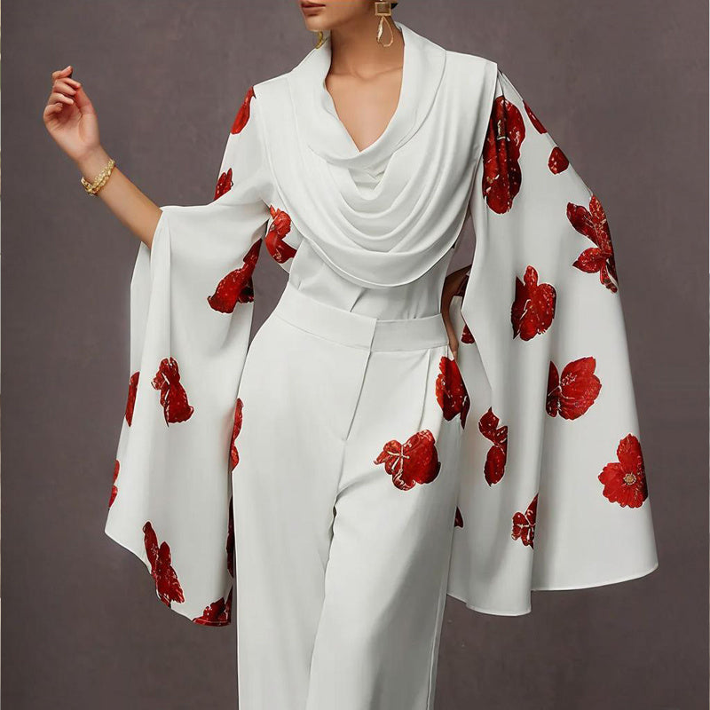 Women's Floral Print Mock Neck Long Sleeve Top & Wide Leg Pants Set With Pockets