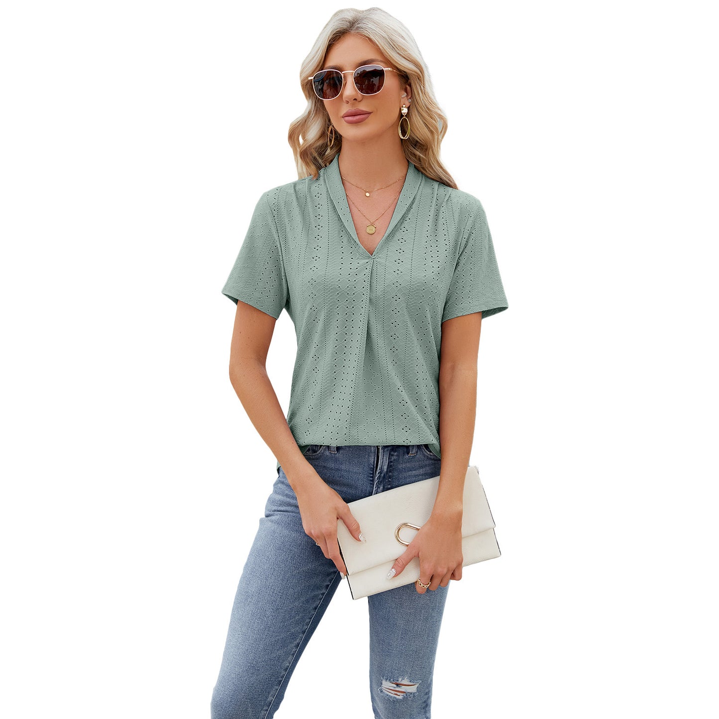 Women V-neck Hollow Design Summer Loose Short-sleeve T-shirt