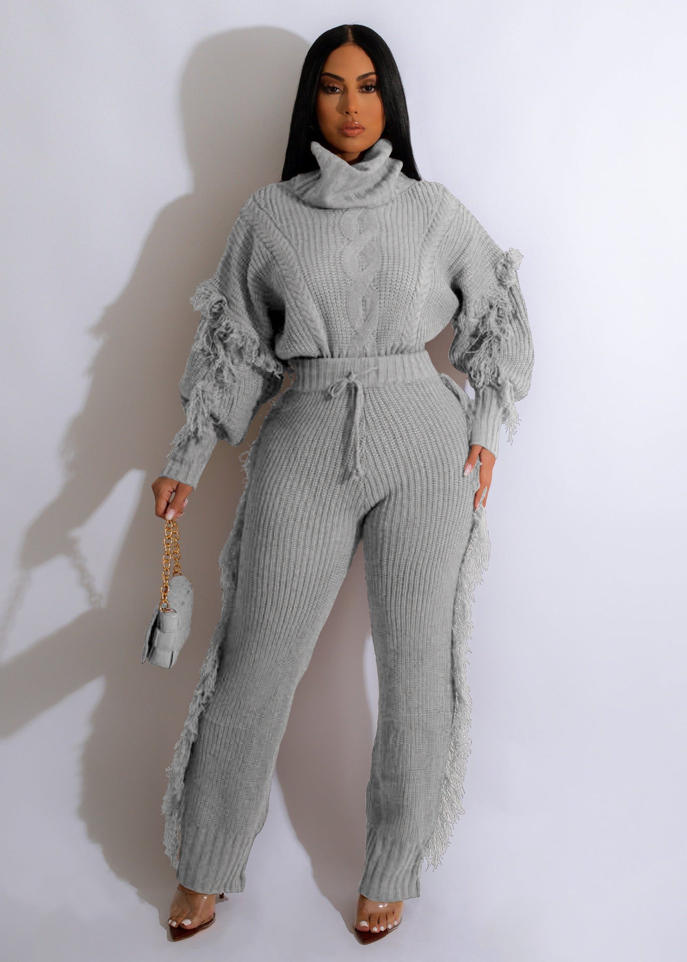 Casual Solid Color Knitted Long Sleeve Turtleneck Tassel Suit