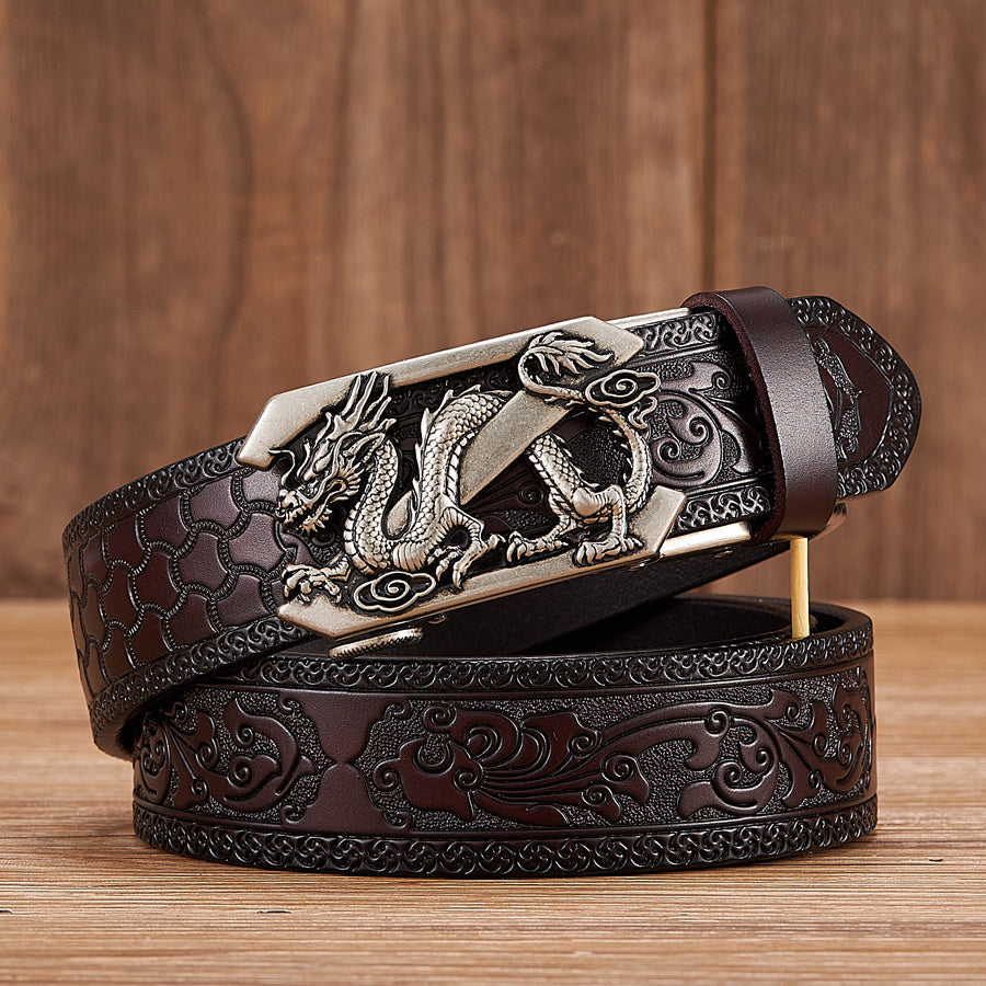 Ceinture gaufrée en cuir de vachette à deux couches avec boucle automatique Dragon pour hommes