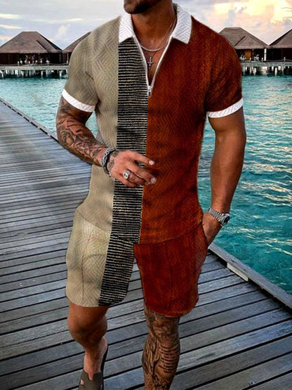 Men's Summer Fashion 3D Printed Short Sleeve Geometric Zip Lapel Shirt Set