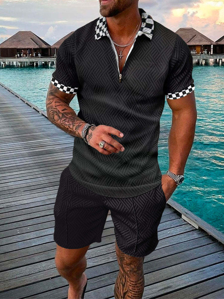 Men's Summer Fashion 3D Printed Short Sleeve Geometric Zip Lapel Shirt Set